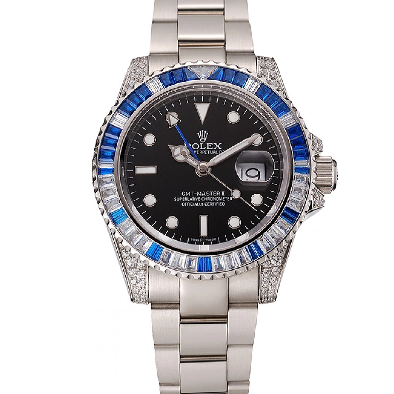 Best AAA Replica Sites Set Bracelet Dial Master Case Steel Stone Stainless Rolex Swiss Black 1453747 GMT II Bezel And 0620